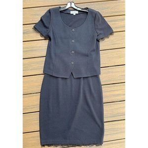 St. John Evening Black Short Sleeve Lace Trim Skirt Suit, Size 10